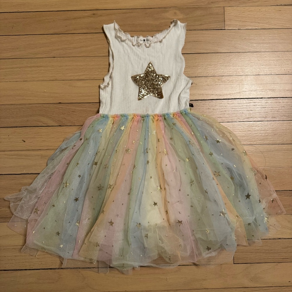 PH Rainbow Tutu Dress – Gold Sequin Star, White Ribbed Bodice 4T